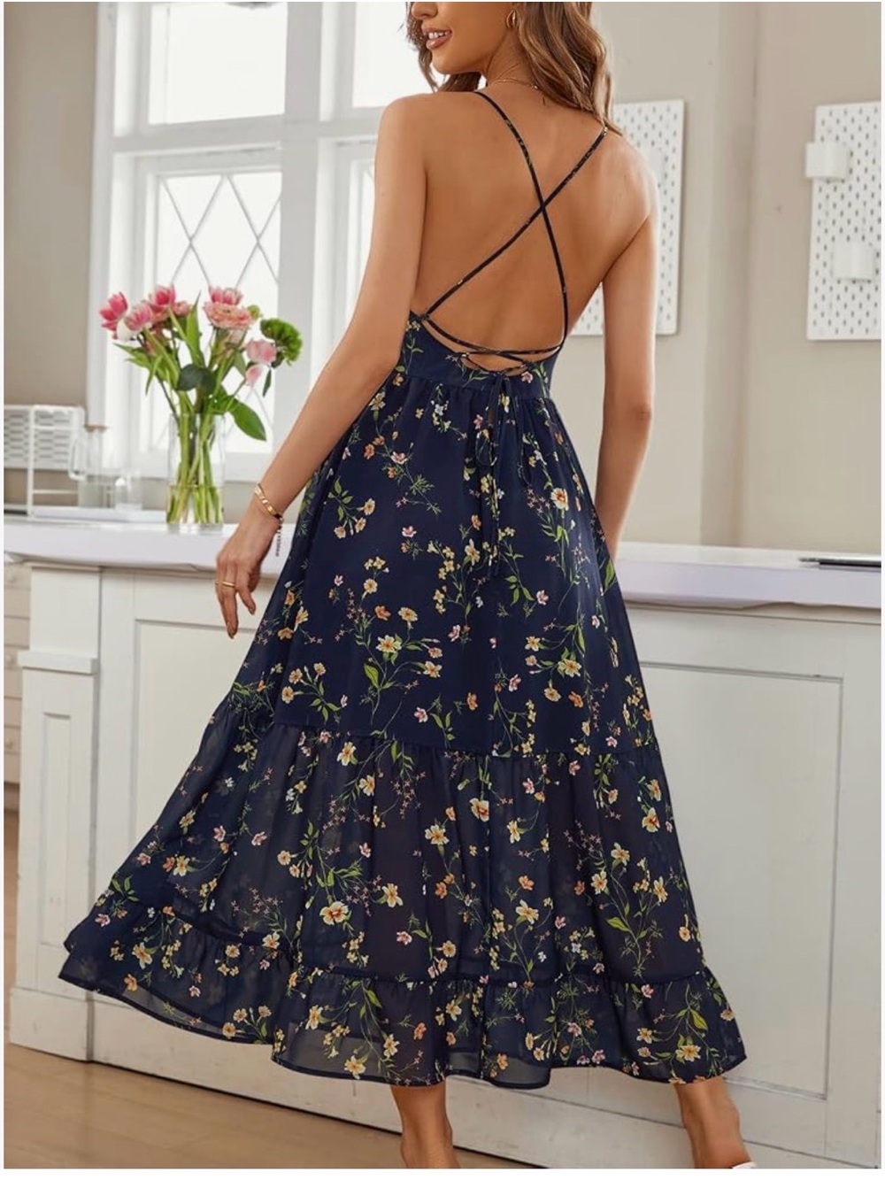 Cupshe Navy Floral Tiered Maxi Dress - Picture 2 of 4